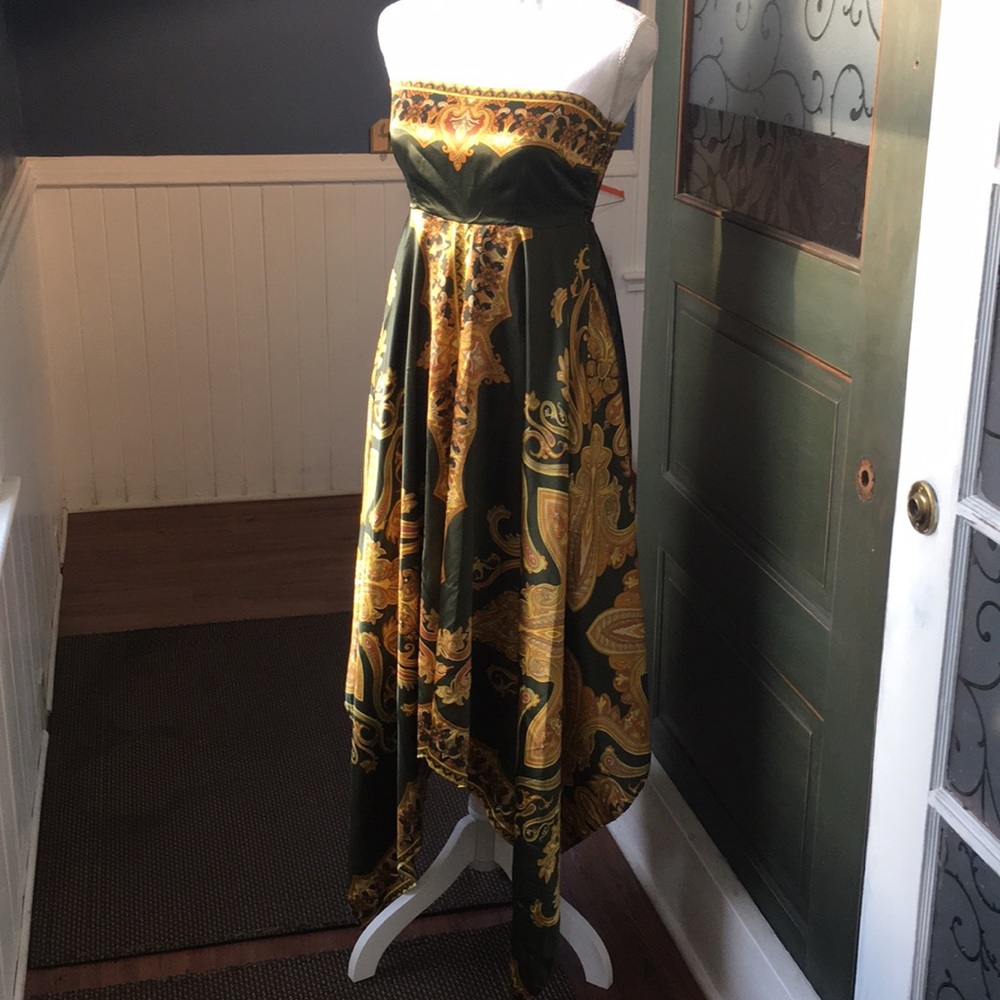 Emerald Gold Satin Strapless Handkerchief Dress